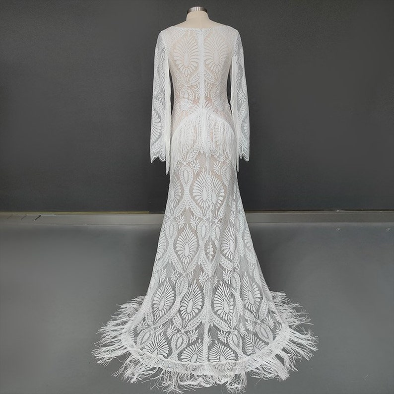 Visit www.ROMANTIQUEBOHO.com Fringe Chantilly Lace Wedding Dress Long Tassels Sleeves High Split Slip Boho Destination Bridal Gowns image 7