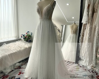 More Dresses @RomantiqueBoho.com Pearls Dresses Exquisite Beading Illusion Back A Line Bridal Gowns