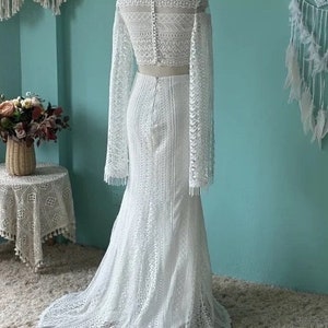 More Dresses RomantiqueBoho.com Boho Wedding Dress Lace Front Split Two Pieces Bridal Gowns Vintage High Neck Long Sleeve Vestido De Noiva image 6