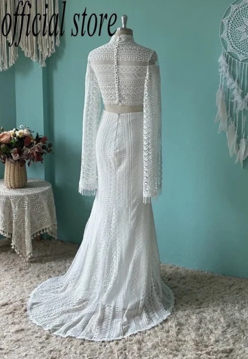 More Dresses RomantiqueBoho.com Boho Wedding Dress Lace Front Split Two Pieces Bridal Gowns Vintage High Neck Long Sleeve Vestido De Noiva image 6