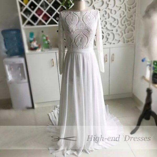More Dresses @RomantiqueBoho.com Unique Lace Long Sleeves Open Back Simple Elegant Wedding Dress Chiffon Train  Bridal Gowns