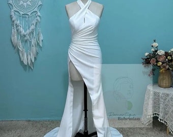 Best Deals @RomantiqueBoho.com Sexy Halter Crepe Mermaid Wedding Dress High Fission Open Back Sleeveless Modern Women Bridal Gowns