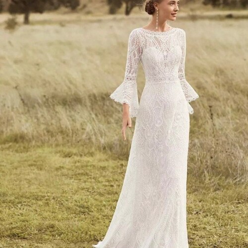 Elegant Boho Long Bell Sleeve Lace Sheath Outdoor Beach - Etsy