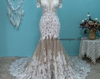 More Dresses @RomantiqueBoho.com Luxury Lace Appliques Mermaid Wedding Dress Illusion O Neck Short Sleeve Sexy Bridal Gowns