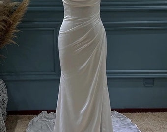 More Dresses @RomantiqueBoho.com Simple Classic Silk Crepe Hand Draped Open Leg Wedding Dress Side Slit Bridal Gowns