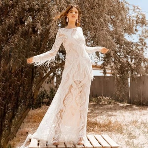 Visit www.ROMANTIQUEBOHO.com Fringe Chantilly Lace Wedding Dress Long Tassels Sleeves High Split Slip Boho Destination Bridal Gowns image 2