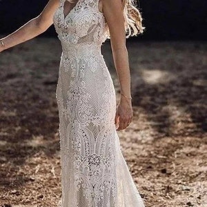 Visit @www.ROMANTIQUEBOHO.com Deep V-Neck Sexy Backless Cap Sleeve Lace Sheath Boho Bohemian Wedding Bride Dress