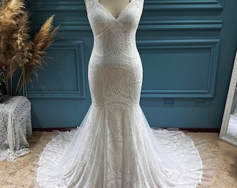More Dresses @RomantiqueBoho.com Bohemian Wedding Dresses Deep V Neck Stretch Lace Mermaid Dress Boho Chic Bridal Gowns