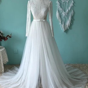 More Dresses @RomantiqueBoho.com Vintage High Neck Lace  Wedding Dress Detachable Train Elegant Backless Front Split Beach Bridal Gowns