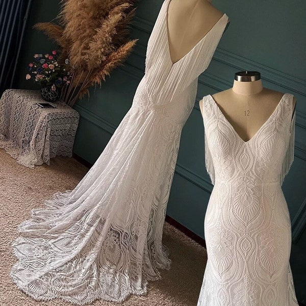 More Dresses @RomantiqueBoho.com Boho Hippie Wedding Dress Stretch Lace Sleeveless Open Back Bridal Gowns With Fringes