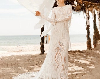Visit @www.ROMANTIQUEBOHO.com Fringe Chantilly Lace Wedding Dress Long Tassels Sleeves High Split Slip Boho Destination Bridal Gowns
