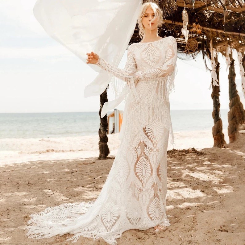 Visit www.ROMANTIQUEBOHO.com Fringe Chantilly Lace Wedding Dress Long Tassels Sleeves High Split Slip Boho Destination Bridal Gowns image 1