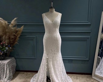 More Dresses @RomantiqueBoho.com Simple Classic Stretch Lace Side Slit Wedding Dress V Neck Open Back Bridal Gowns