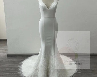 Best Deals @RomantiqueBoho.com Luxury Feathers Mermaid Wedding Dress Modern Crepe Open Back Square  Neck Sexy Simple Bridal Gowns
