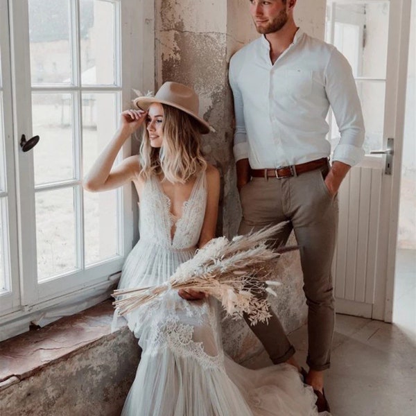 More Dresses @RomantiqueBoho.com Boho Beach Wedding Bohemia Dress Sexy Illusory  Lace Tulle V Neck Backless Bohemian Bridal Gowns