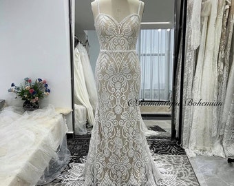 More Dresses @RomantiqueBoho.com Leaves Boho Chic Spring Wedding Dresses Spaghetti Straps Amazing Back Mermaid Bridal Gowns