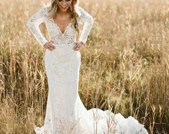 More Dresses @RomantiqueBoho.com Vintage Lace Long Sleeves Wedding Dress V Neck Mermaid Boho Bridal Gowns