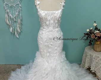 More Dresses @RomantiqueBoho.com Luxury Mermaid Wedding Dress Lace Spaghetti Straps Tulle Flower Pearl Illusion Sexy Bridal Gowns