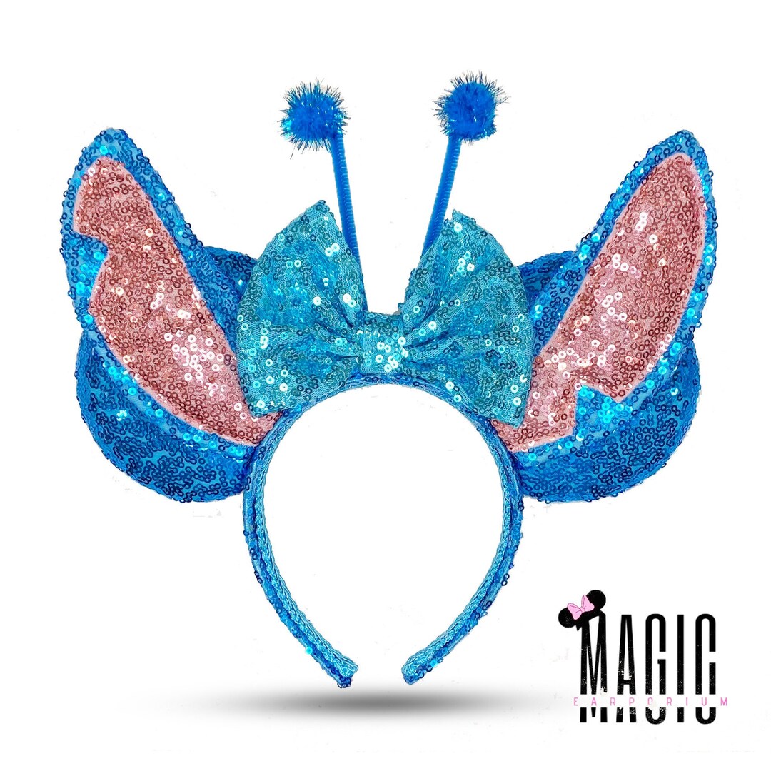 Glitter Stitch Holographic Inspired Minnie Mickey Ears headband,  Disneyland, Stitch Headband, Blue Alien, Sequin Bow, Lilo and Stitch Angel