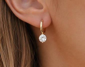 Round cut solitaire drop huggie earrings - Minimalist wedding jewelry - Everyday hoops - Light weight - Gift for her - DREW