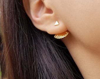 Veste d'oreille, boucles d'oreilles avant et arrière, vestes d'oreille de ventilateur, boucles d'oreilles triangle, boucles d'oreilles géométriques, vestes d'oreille argentées, MONICA EAR JACKETS