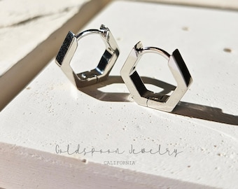 Hexagon Earrings - Hexagon Huggie Earrings - Geometric Earrings - Hexagon Hoop Earrings - Silver Hoop Earrings - VICTORIA EARRINGS