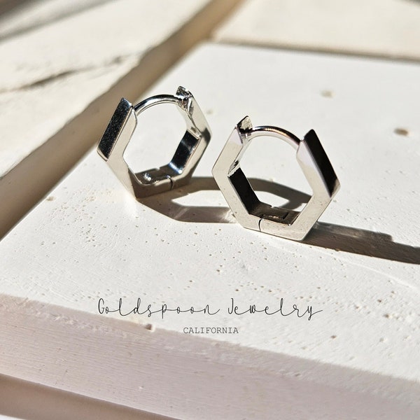 Hexagon Earrings - Hexagon Huggie Earrings - Geometric Earrings - Hexagon Hoop Earrings - Silver Hoop Earrings - VICTORIA EARRINGS