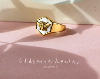 Bee Ring - Hexagon Ring - Gold Ring - Bold Ring - Chunky Ring - Geometric Ring - Mother of pearl Ring - Statement Ring - KALANI RING