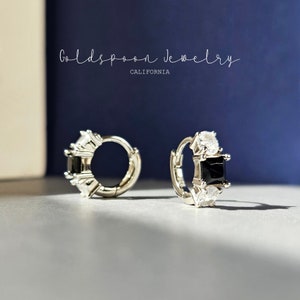 Silver Huggie Earrings - Black Cz Earrings - Princess Cut Earrings - Everyday Earrings - Conch Hoops - Everyday Earrings - REMY EARRINGS