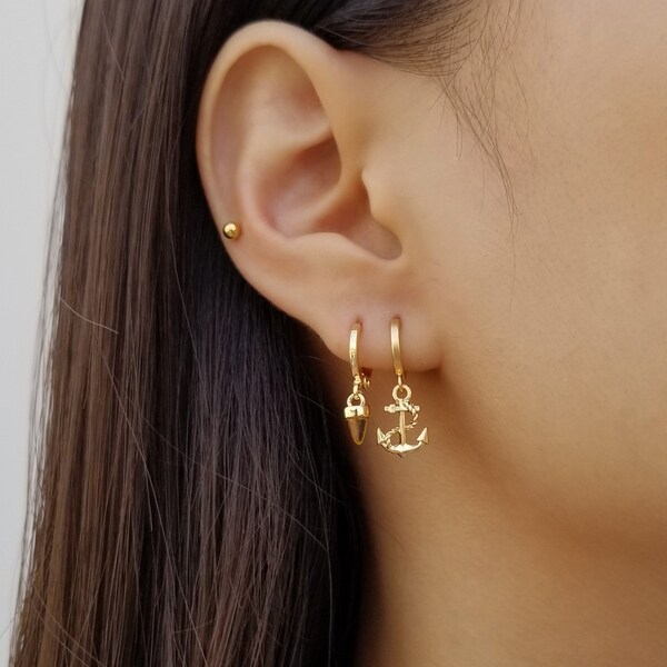 Anchor Earrings, Dainty Drop Earrings, Tiny Dangle Earrings, Dainty Huggie Hoops, Minimalist Earrings, Gold Hoop Earrings, MICAH EARRINGS