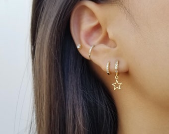 Star Earrings, Moon Drop Huggies, Star Dangle Earrings, Celestial Huggie Earrings, Dainty Huggie Hoops, Moon Earrings, KIRSTEN EARRINGS