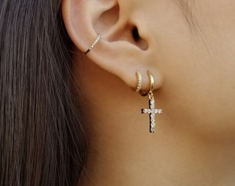 Cross Earrings, Gold Cross Earrings, Gold Hoop Earrings, Silver Hoop Earrings, Dainty Hoop Earrings, Cubic Cross Earrings, FREYA EARRINGS