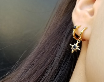 Starburst Earrings, Onyx Earrings, Star Earrings, Celestial Earrings, Star Dangle Earrings, Dainty Drop Hoops, Onyx Earrings, SARAI EARRINGS