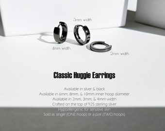 Classic huggie earrings - Minimalist earrings - Black huggies - Silver huggie hoops - Men&#39;s earrings - Women&#39;s hoops - Hoops with sizes