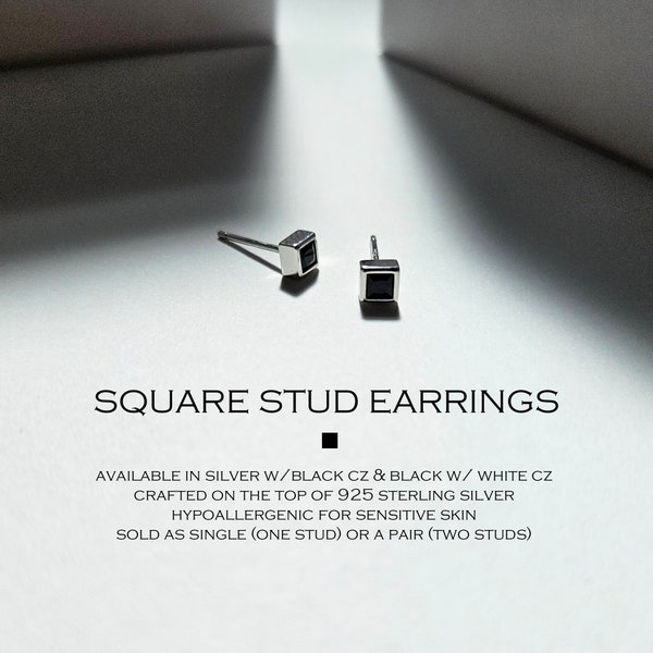 Square earrings - Square stud earrings - Tiny stud earrings - Black earrings - Silver stud earrings - Geometric earrings - Silver studs