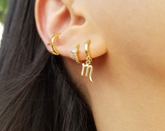 Astrological Sign Earrings, Zodiac Earrings, Zodiac Jewelry, Gold Drop Hoops, Delicate Hoop Earrings, Zodiac Sign Charm Hoops,MABEL EARRINGS