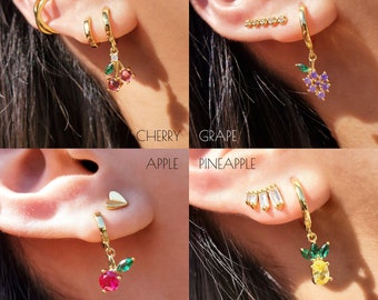 Cherry Earrings, Fruit Earrings, Cherry Dangle Earrings, Dainty Earrings, Trendy Earrings, Gold Hoop Earrings, Vermeil Hoops,ALEXIA EARRINGS