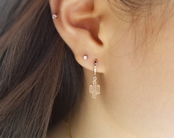 Cactus Drop Earrings, Gold Dangle Earrings, Silver Drop Hoop Earrings, Rose Gold Drop Earrings, Tiny Dangly Earrings, SUMMER EARRINGS