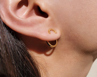 May include: A pair of gold hoop earrings. The earrings are small and delicate, and they are worn in the wearer's earlobes.