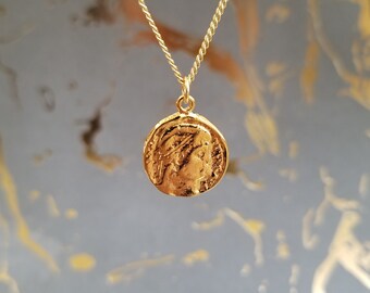 Gold Pendant Necklace Gold Medallion Necklace Ancient Greek Coin  Necklace Vintage Looking Necklace Gold Necklace VERONIKA NECKLACE