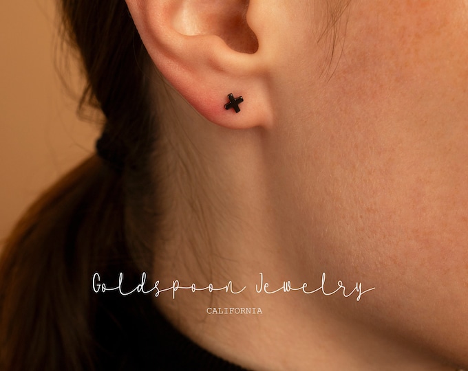 X shaped everyday earrings - Black studs - Minimalist jewelry - Helix piercing - Hypoallergenic - EDEN