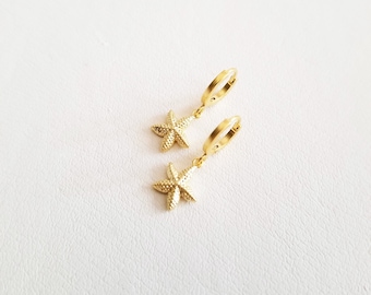 Starfish Earrings, Starfish Jewelry, Shell Earrings, shell Drop Hoop Earrings, Charm Drop Earrings, Dainty Gold Earrings, KENDRA EARRINGS