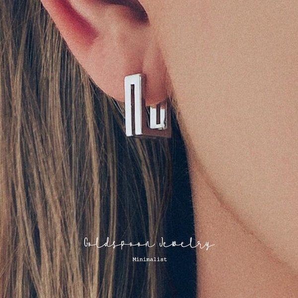 Silver rectangle hoops - Casual earrings - Minimalist huggies - Gift for her - AIRE EARRINGS