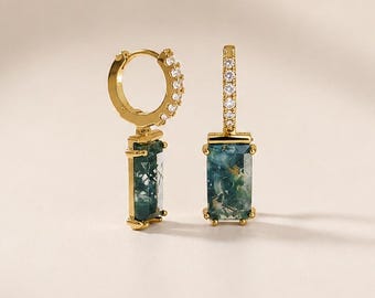 Moss agate drop earrings - Green stone huggie hoops - Nature inspired jewelry - Gift for her - Hypoallergenic - Light weight - SELENE