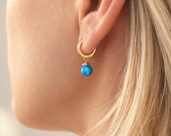 Blue opal ball drop huggies - Dainty huggie hoops - Minimalist jewelry - Gift for her - Hypoallergenic - Light weight - CIELO