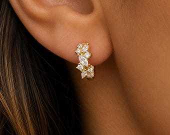 Marquise and round cut cluster earrings - Wedding jewelry - Dainty huggies - Light weight - Hypoallergenic - ELSIE