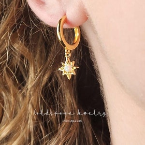 Star Earrings, Star Huggies, Star Huggie Earrings, Opal Earrings, Celestial Earrings, Huggie Earrings with Charm, Tiny Hoops, LILY EARRINGS