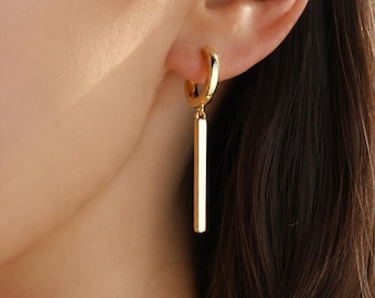 Bar charm earrings - Dainty dangle hoops - Minimalist jewelry - Gift for her - Hypoallergenic - Simple - Casual - LYNN