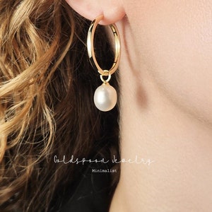 Hoop earrings with charms - Pearl hoop earrings - Fresh water pearl earrings - Anniversary earrings - Dangle and drop earrings-THEA EARRINGS