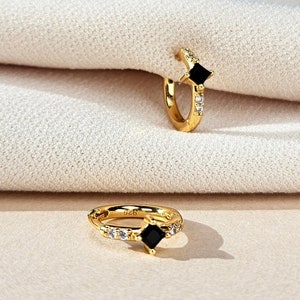 Huggie Hoop Earrings - Onyx Earrings - Onyx Hoop Earrings - Dainty Huggie Earrings - Minimalist Earrings - Gold Huggies - JENN EARRINGS